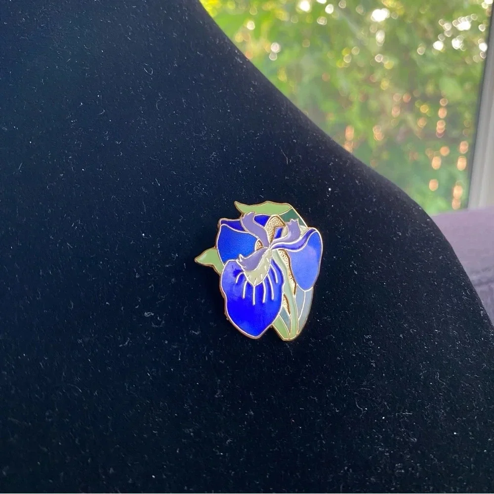 Purple Iris Cloisonne Brooch Signed ACE